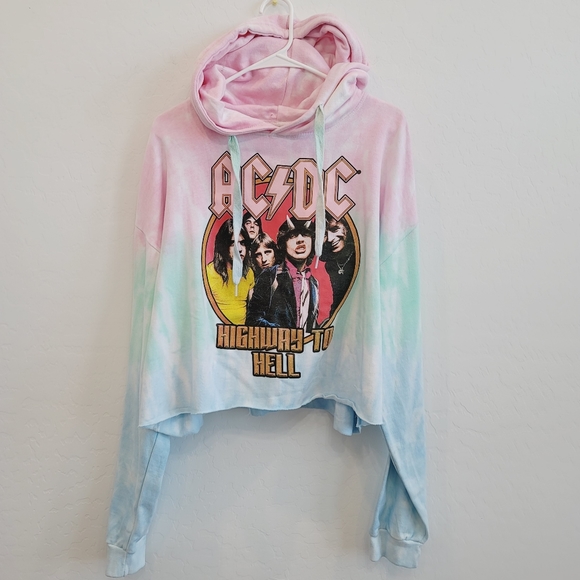 NWT AC/DC Tie Dye Graphic Cropped Hoodie Sweater - Picture 16 of 16
